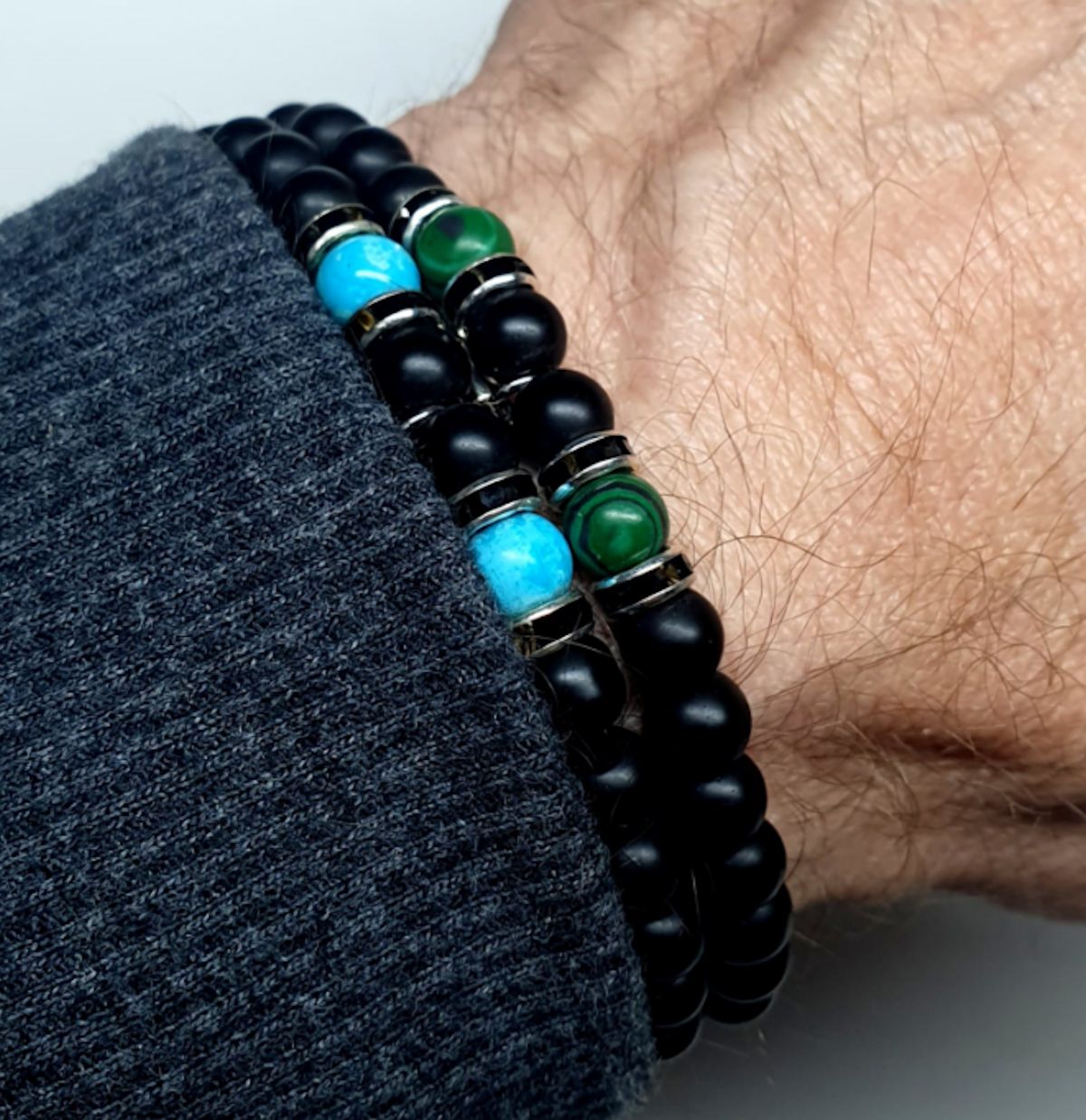 Herren-Perlenarmband-Set – Schwarzer Onyx mit blauen und grünen Edelsteinen