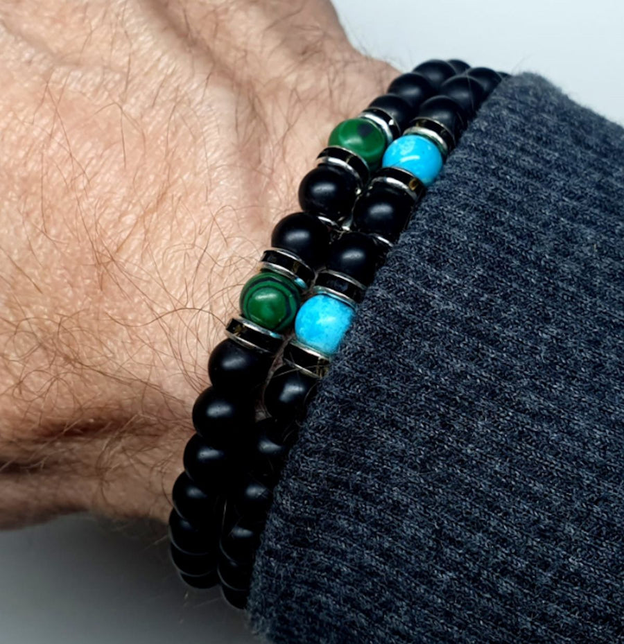 Herren-Perlenarmband-Set – Schwarzer Onyx mit blauen und grünen Edelsteinen