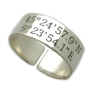 Gravierte GPS-Koordinaten-Ring - Sterling Silber Band