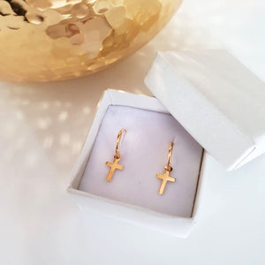 gold cross earrings, small dangle cross earrings