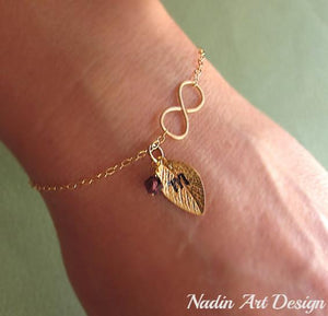 Leaf charm gold bracelet with crystal
