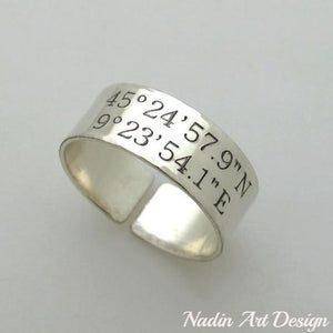 Gravierte GPS-Koordinaten-Ring - Sterling Silber Band
